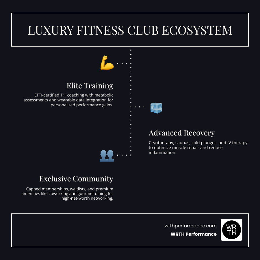 Luxury fitness club ecosystem infographic: amenities, recovery, training, community, and exclusivity infographic Luxury fitness club ecosystem infographic: amenities, recovery, training, community, and exclusivity infographic
