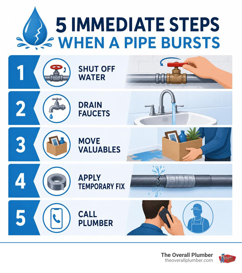 Infographic showing 5 immediate steps when a pipe bursts: shut off water, drain faucets, move valuables, apply temporary Infographic showing 5 immediate steps when a pipe bursts: shut off water, drain faucets, move valuables, apply temporary