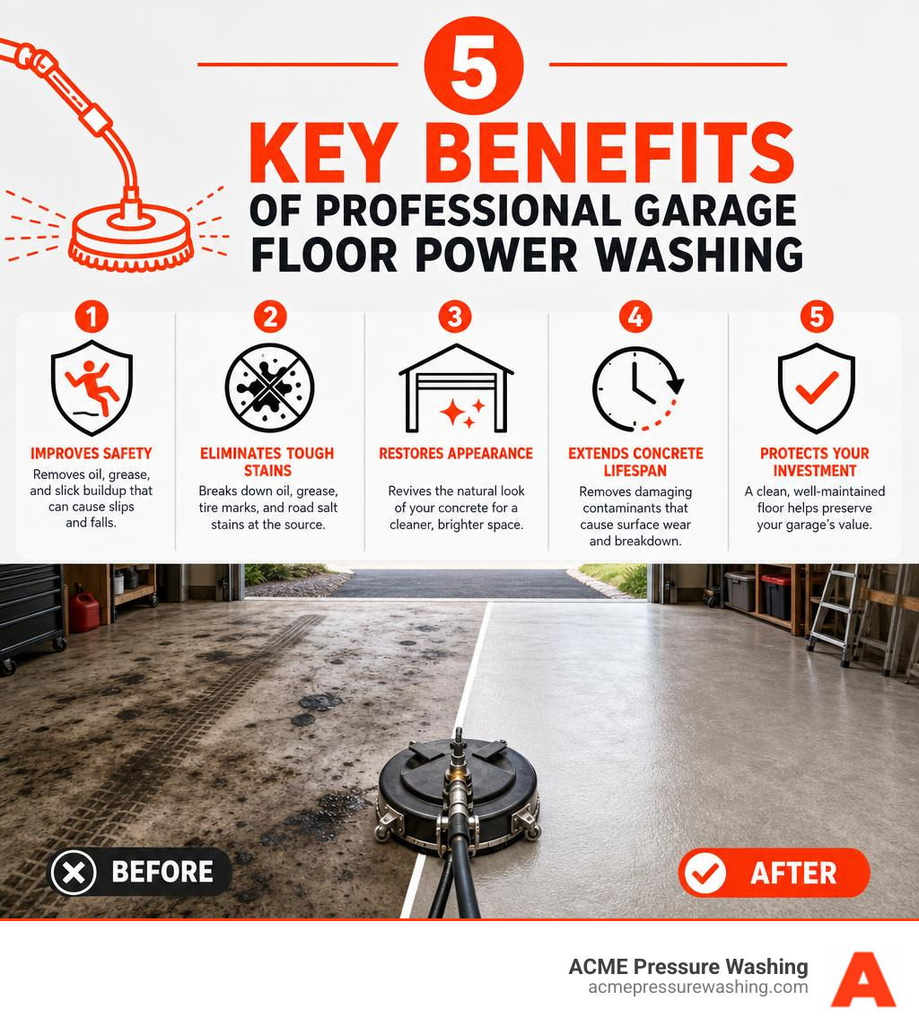 infographic showing 5 key benefits of professional garage floor power washing including safety stain removal and concrete
