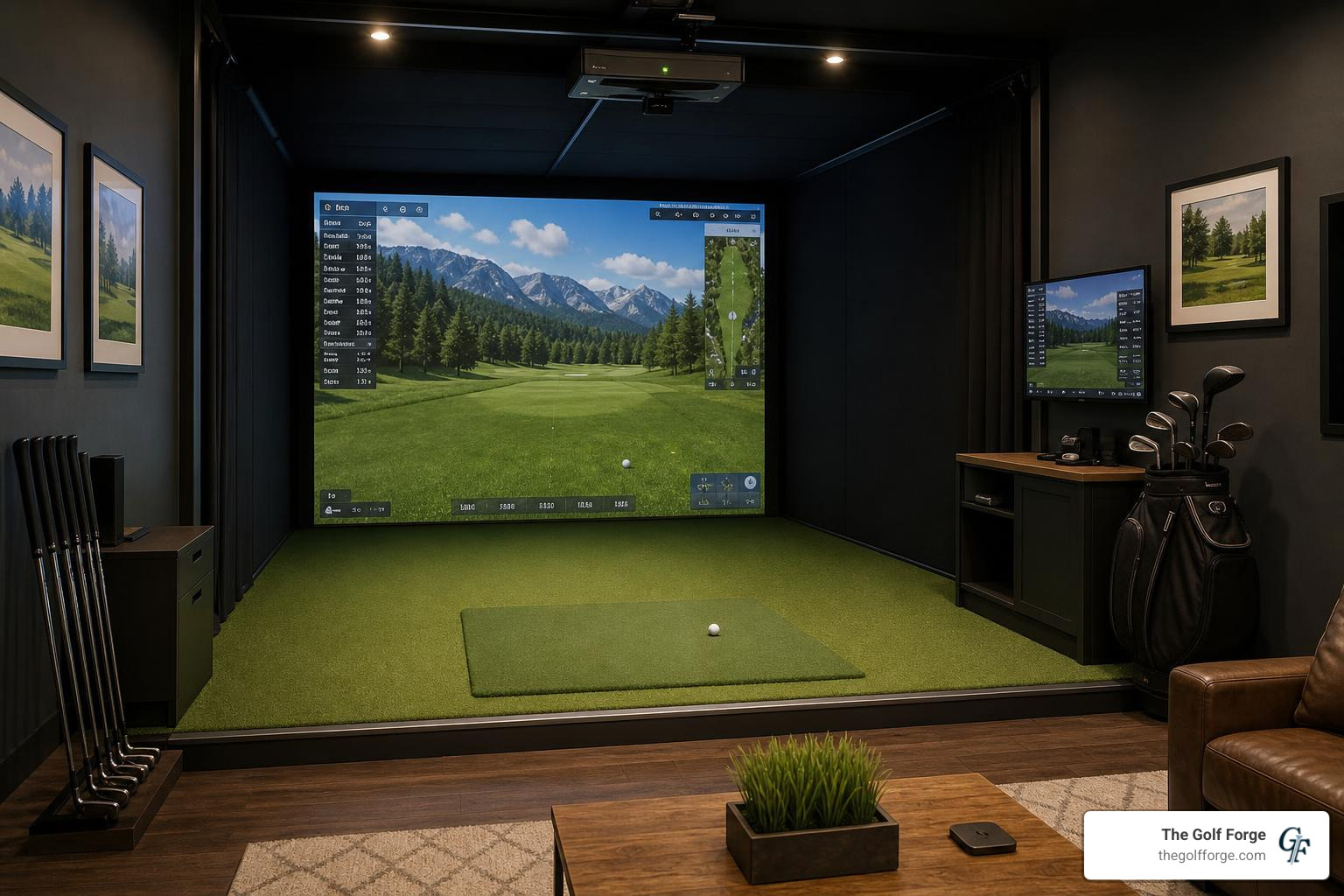 Private golf bay layout with high-quality turf and impact screen Private golf bay layout with high-quality turf and impact screen