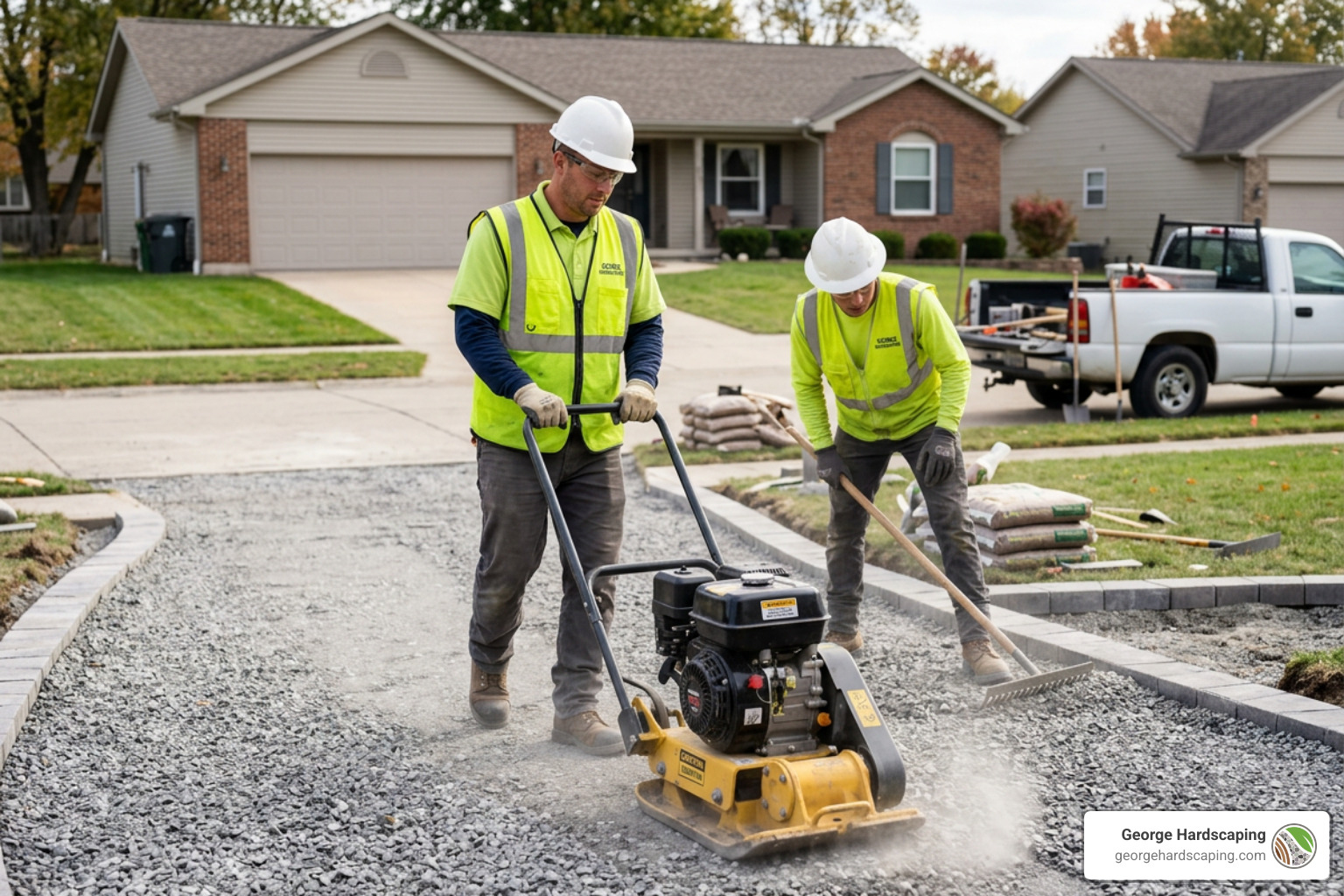 professional hardscapers compacting a gravel base with a plate compactor professional hardscapers compacting a gravel base with a plate compactor