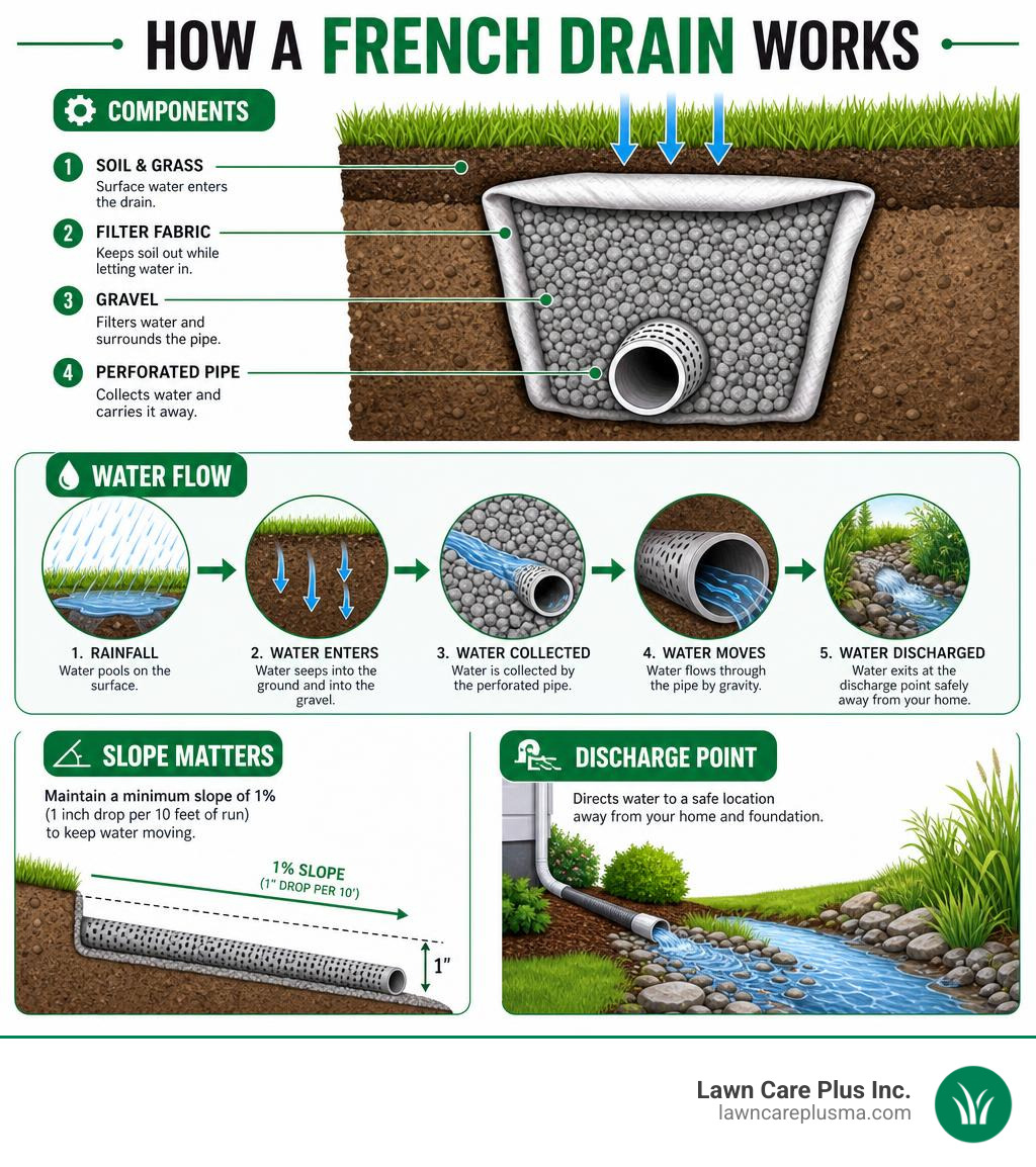 How a French drain works - components, water flow, slope, and discharge point infographic infographic How a French drain works - components, water flow, slope, and discharge point infographic infographic