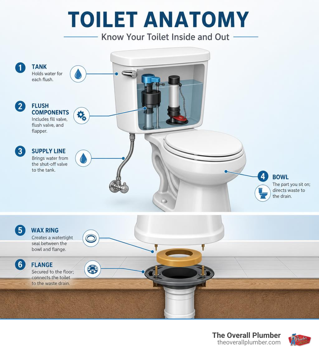Toilet anatomy infographic showing tank, bowl, flange, wax ring, supply line, and flush components infographic Toilet anatomy infographic showing tank, bowl, flange, wax ring, supply line, and flush components infographic