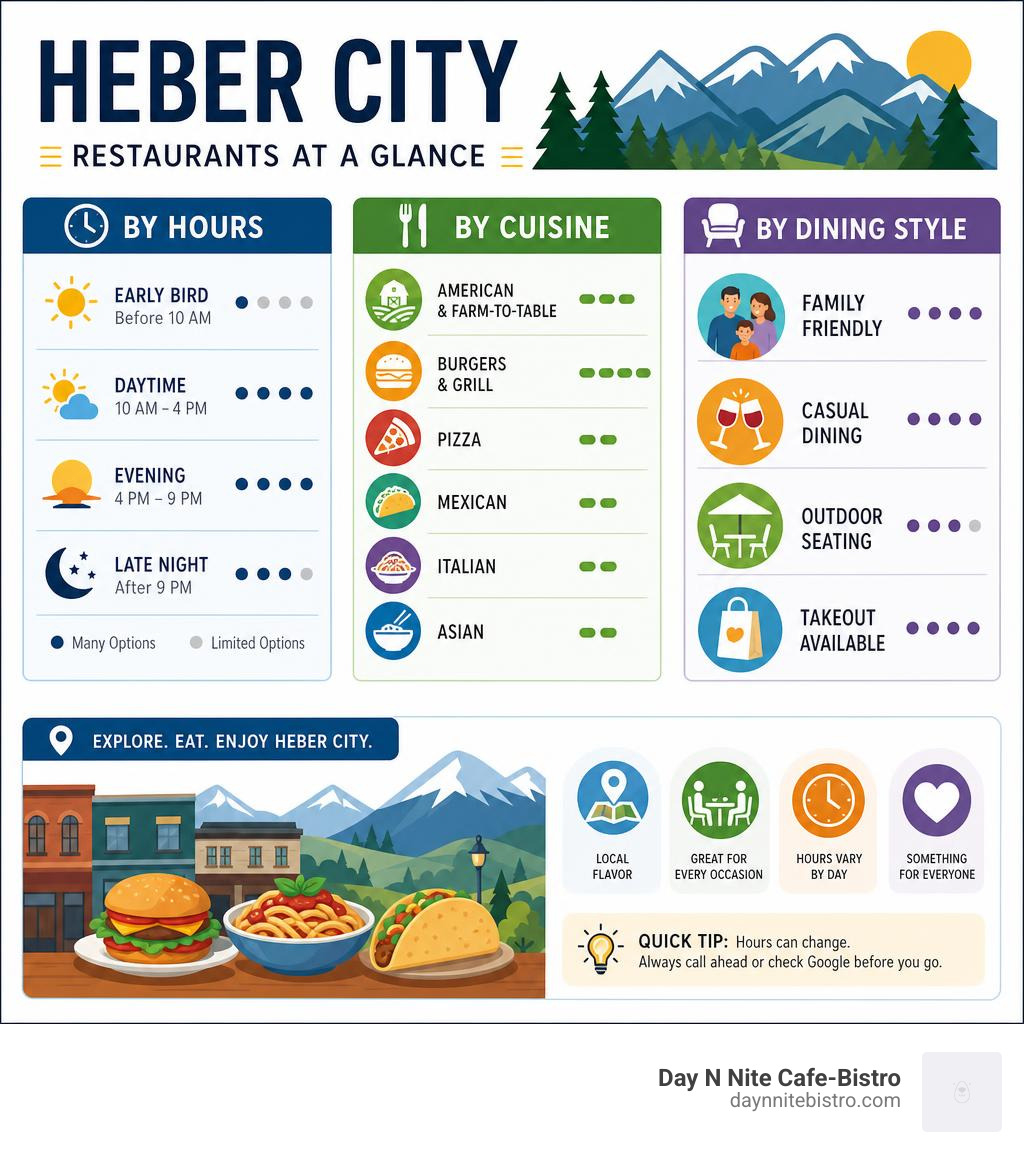 Infographic showing Heber City restaurants by hours, cuisine type, and dining style infographic Infographic showing Heber City restaurants by hours, cuisine type, and dining style infographic