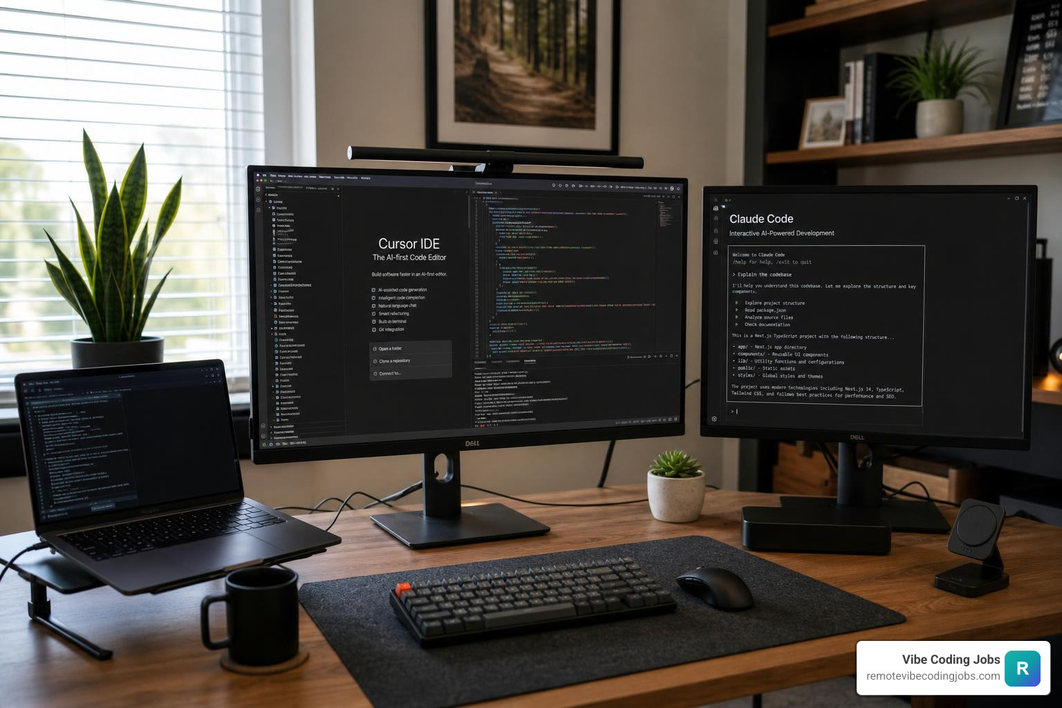 Remote workspace optimized for AI-assisted development with multiple monitors showing Cursor IDE and Claude Code terminal