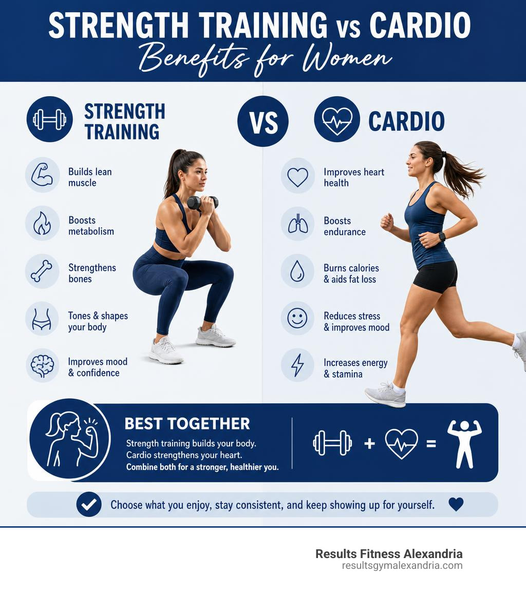 benefits of strength training vs cardio for women infographic infographic