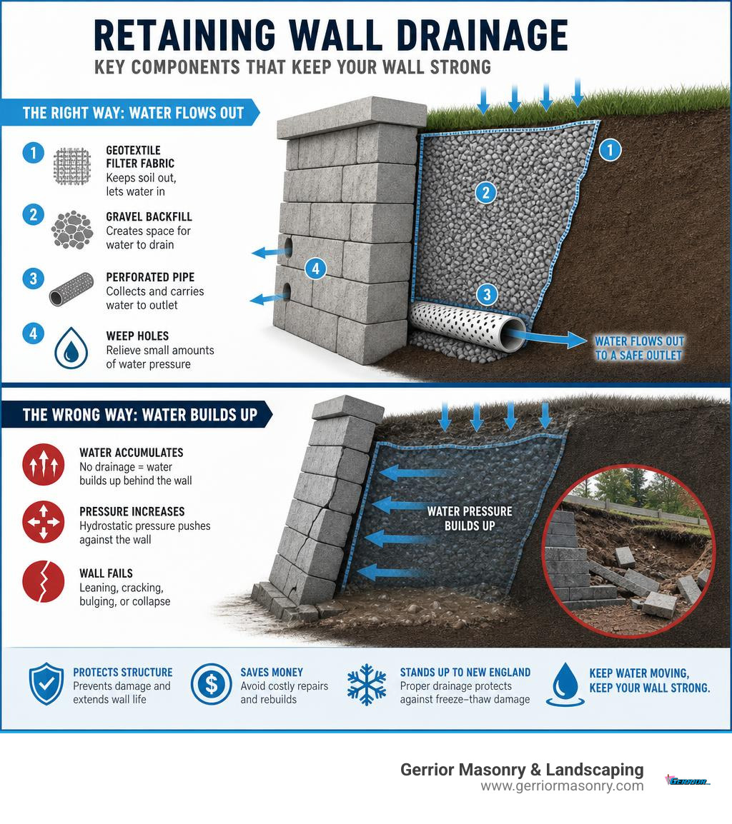 infographic showing key components of retaining wall drainage system and how water flow causes failure infographic infographic showing key components of retaining wall drainage system and how water flow causes failure infographic