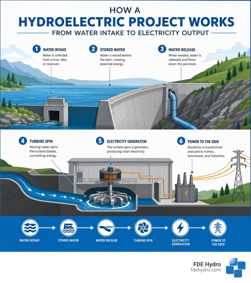 Infographic: How a hydroelectric project works from water intake to electricity output infographic Infographic: How a hydroelectric project works from water intake to electricity output infographic