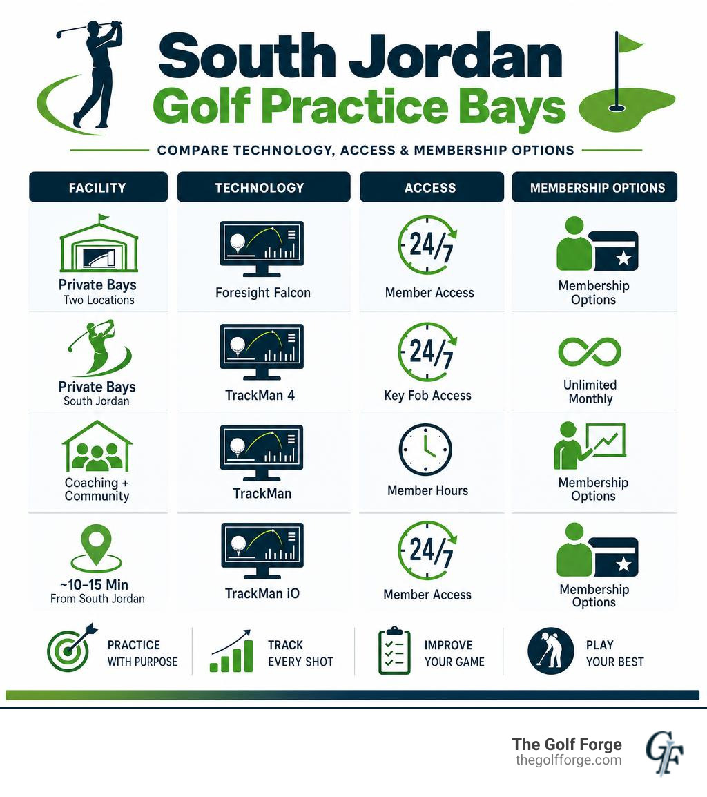 Comparison infographic of South Jordan golf practice bays showing technology, access hours, and membership options Comparison infographic of South Jordan golf practice bays showing technology, access hours, and membership options