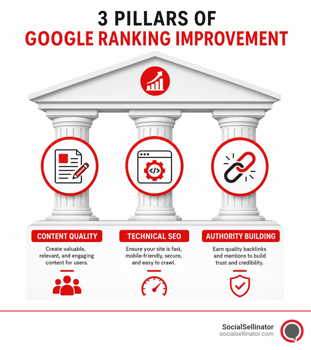 Infographic showing three pillars of Google ranking improvement: Content Quality, Technical SEO, and Authority Building Infographic showing three pillars of Google ranking improvement: Content Quality, Technical SEO, and Authority Building
