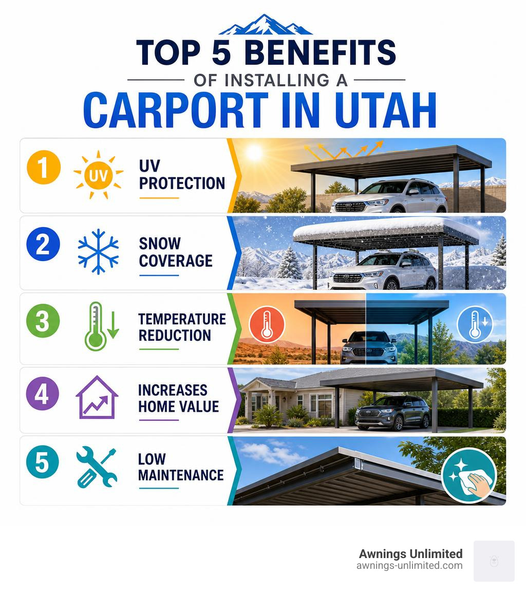 Infographic: Top 5 benefits of installing a carport in Utah including UV protection, snow coverage, temperature reduction Infographic: Top 5 benefits of installing a carport in Utah including UV protection, snow coverage, temperature reduction