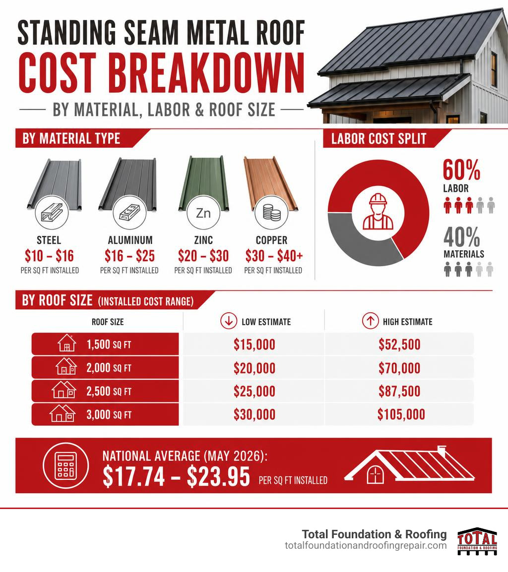 Infographic showing standing seam metal roof cost breakdown by material type, labor split, and roof size infographic Infographic showing standing seam metal roof cost breakdown by material type, labor split, and roof size infographic