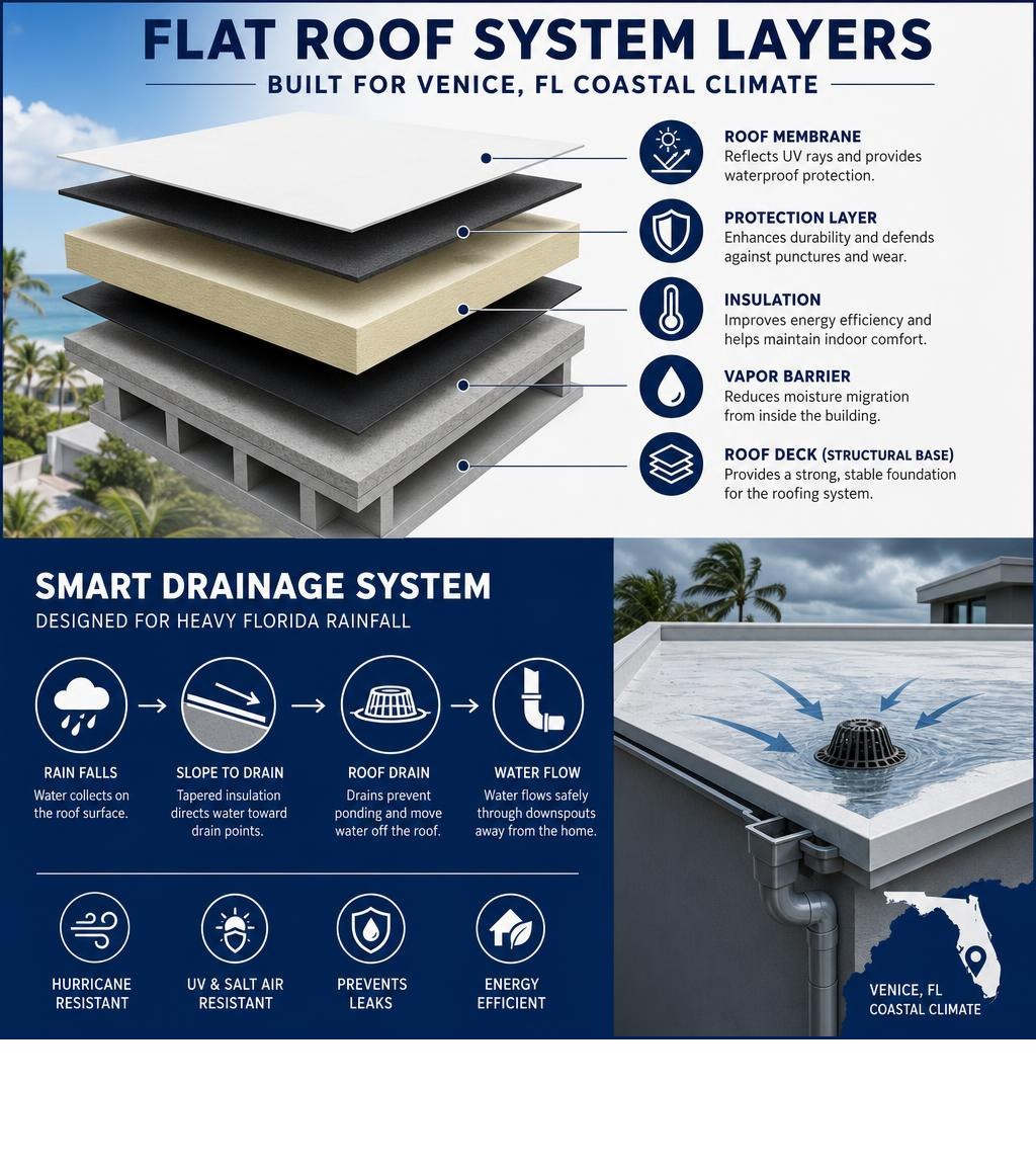 Flat roof system layers and drainage infographic for Venice FL coastal climate infographic