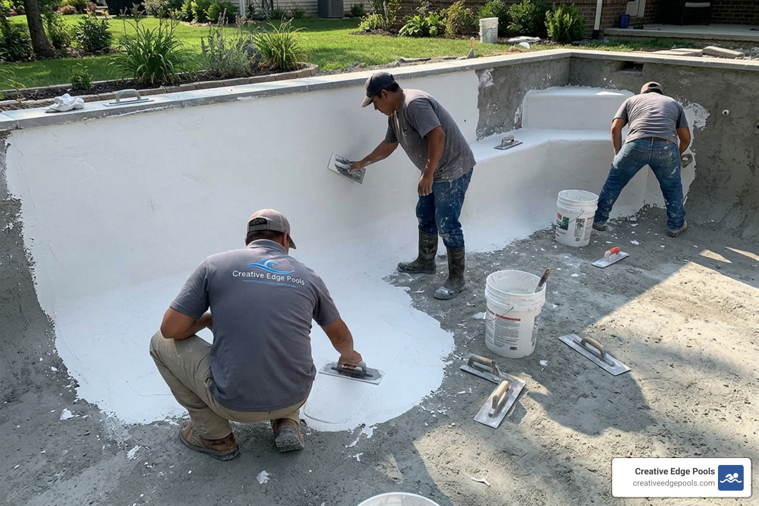 Applying smooth white marcite plaster finish to a gunite pool interior