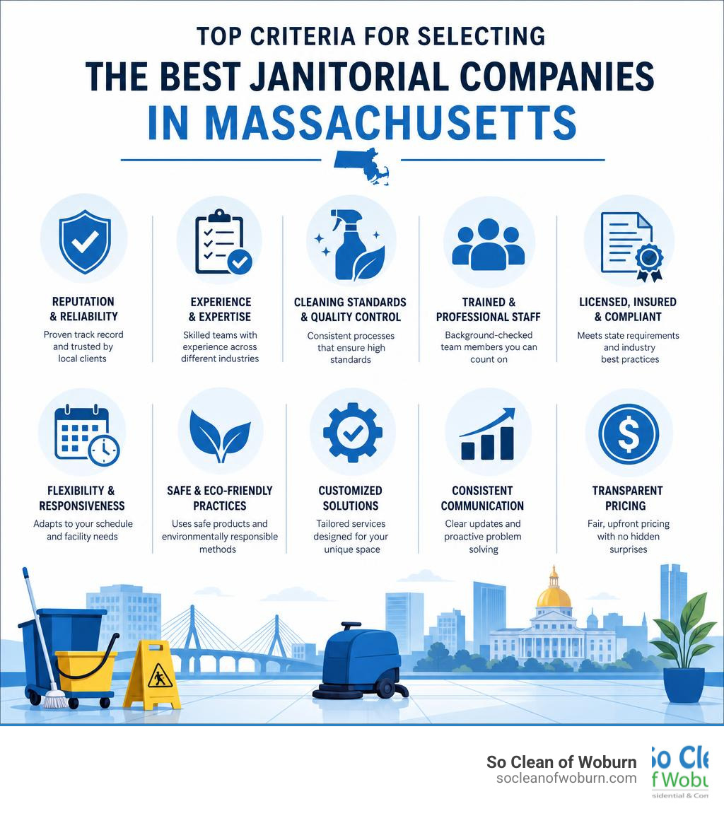 Infographic showing top criteria for selecting the best janitorial companies in Massachusetts infographic Infographic showing top criteria for selecting the best janitorial companies in Massachusetts infographic