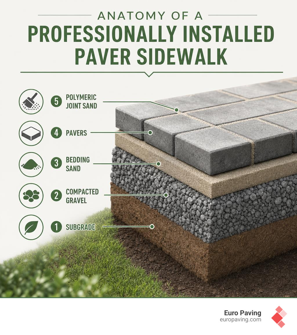 Anatomy of a professionally installed paver sidewalk with labeled layers: subgrade, compacted gravel, bedding sand, pavers