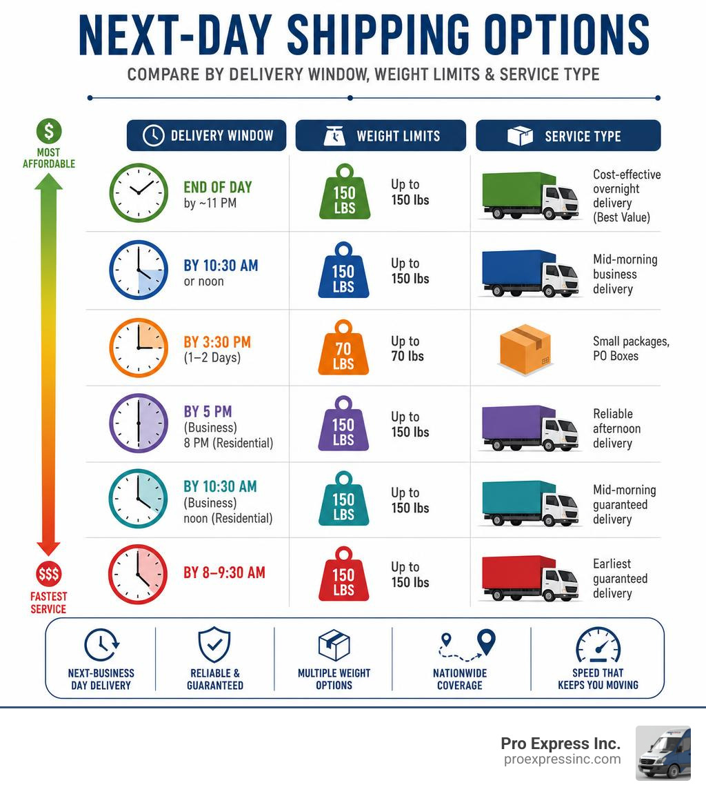 Infographic comparing next-day shipping options by delivery window, weight limits, and service type infographic