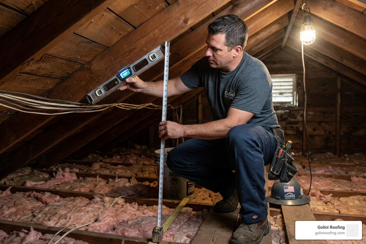 contractor measuring roof pitch from inside attic space contractor measuring roof pitch from inside attic space
