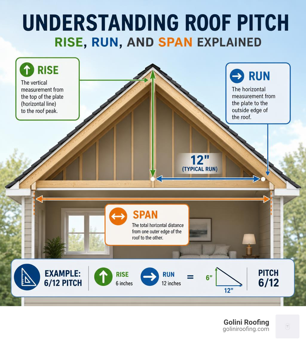 infographic showing rise, run, and span on a residential roof cross-section infographic infographic showing rise, run, and span on a residential roof cross-section infographic