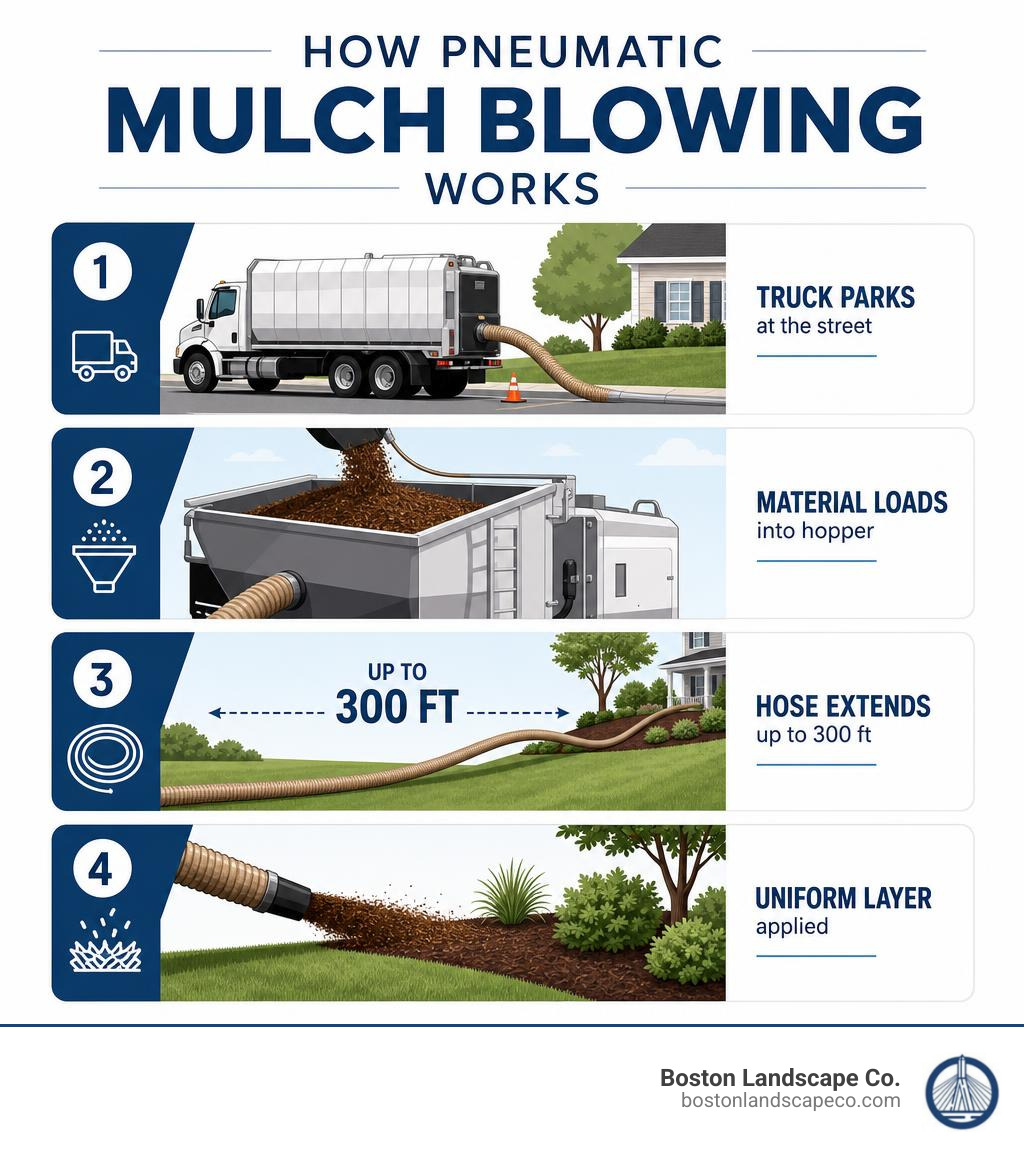 Infographic: How pneumatic mulch blowing works — truck parks at street, material loads into hopper, hose extends up to 300 Infographic: How pneumatic mulch blowing works — truck parks at street, material loads into hopper, hose extends up to 300