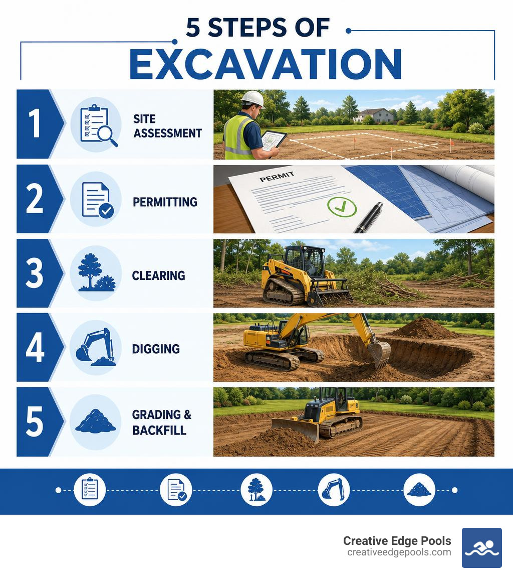 Infographic showing 5 steps of excavation: site assessment, permitting, clearing, digging, grading and backfill infographic