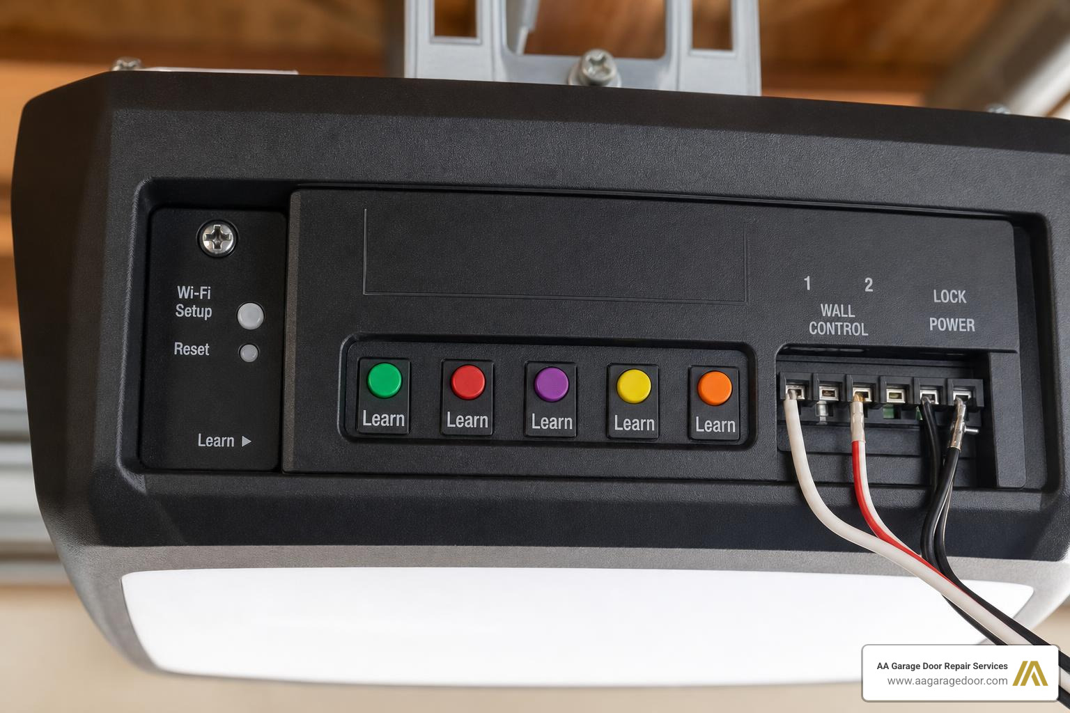 different colored Learn buttons on an opener motor unit different colored Learn buttons on an opener motor unit