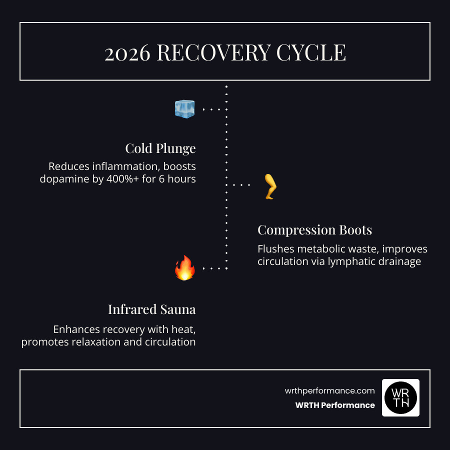 Infographic showing 2026 recovery cycle: cold plunge, compression boots, infrared sauna, red light therapy, and their Infographic showing 2026 recovery cycle: cold plunge, compression boots, infrared sauna, red light therapy, and their