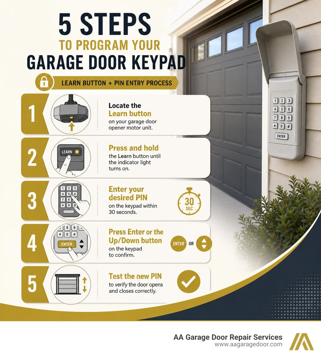 Infographic showing 5 steps to program a garage door keypad with Learn button and PIN entry process infographic Infographic showing 5 steps to program a garage door keypad with Learn button and PIN entry process infographic