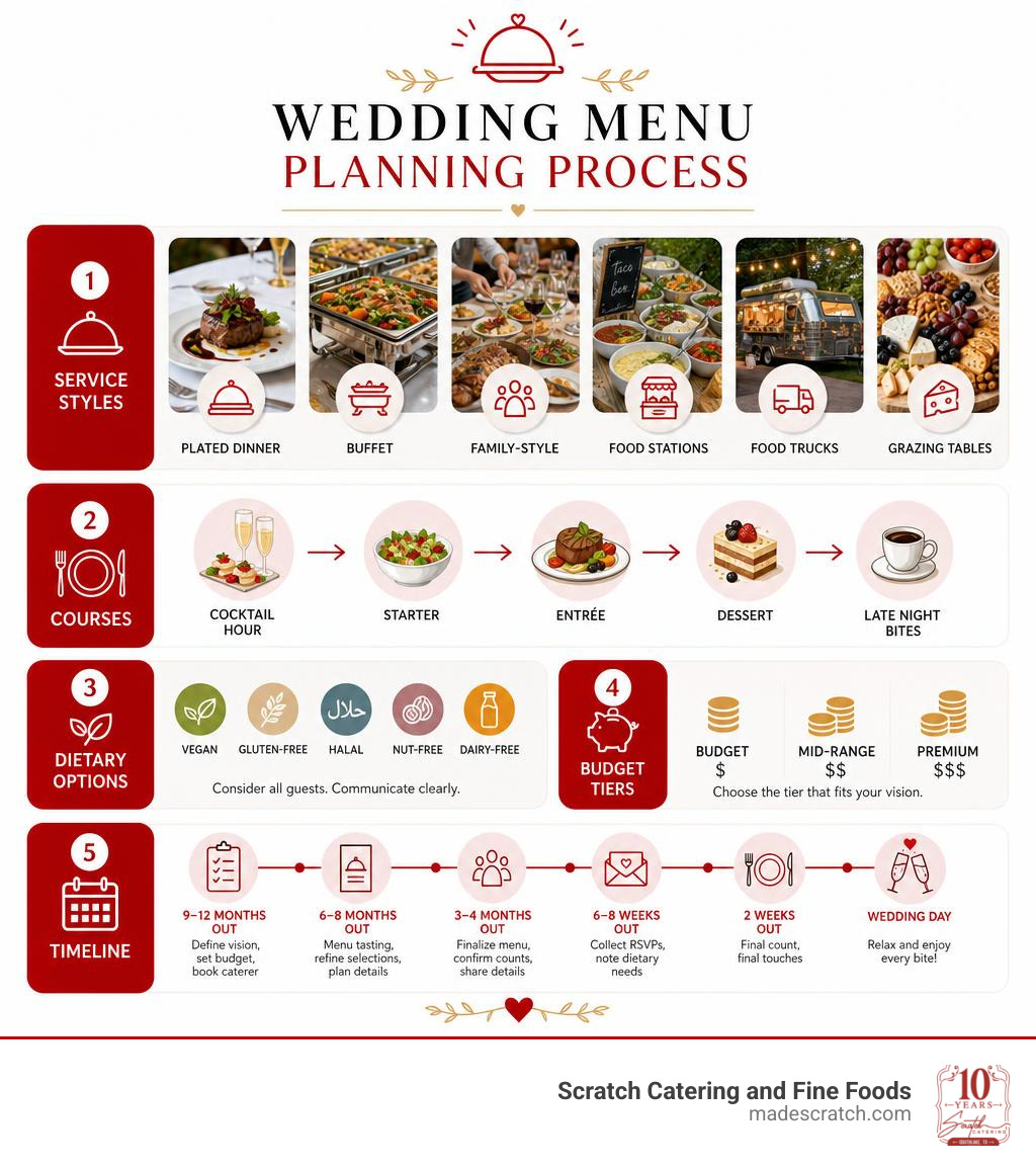 Wedding menu planning process infographic: service styles, courses, dietary options, budget tiers, and timeline infographic