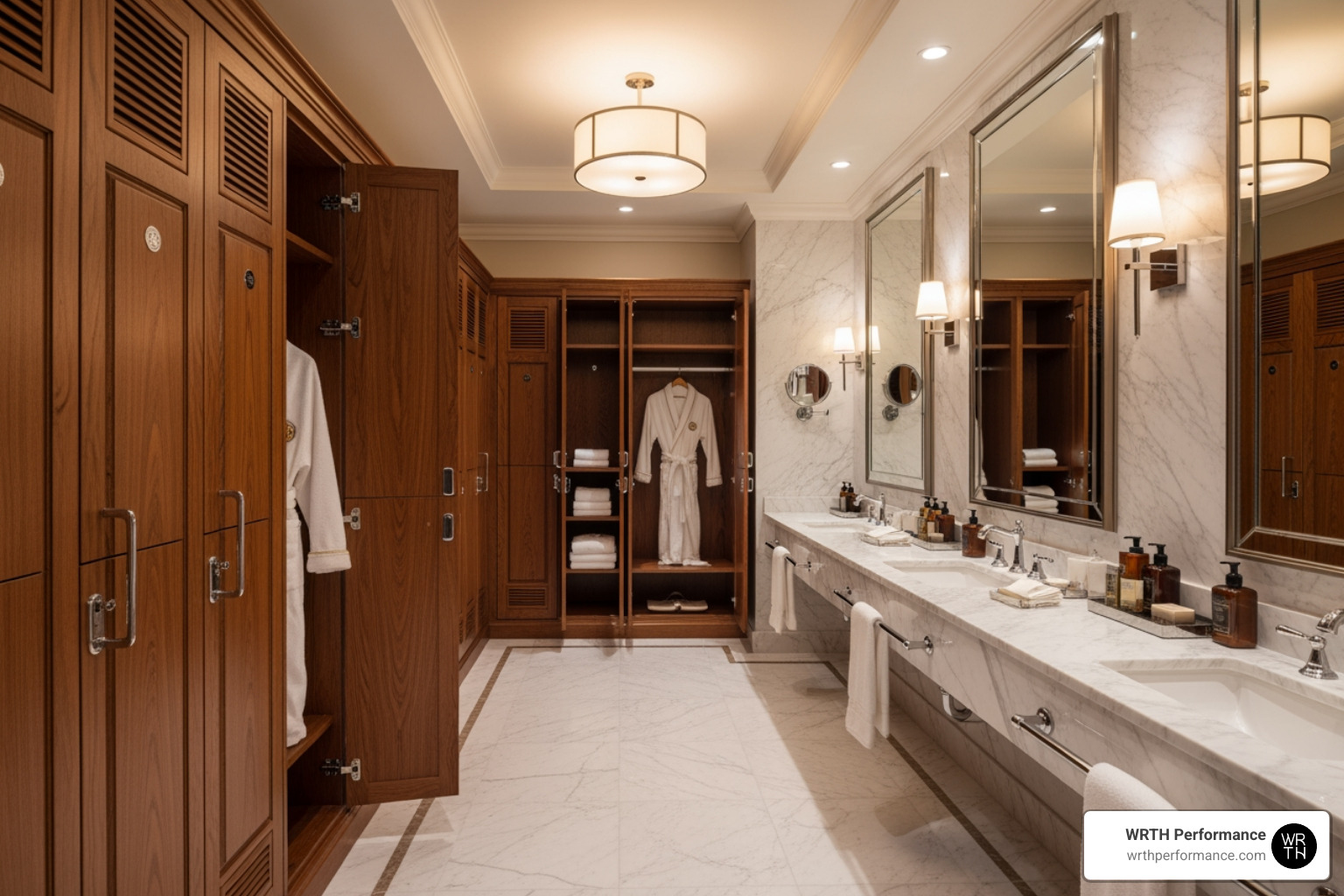 Designer locker room with premium finishes and luxury amenities Designer locker room with premium finishes and luxury amenities