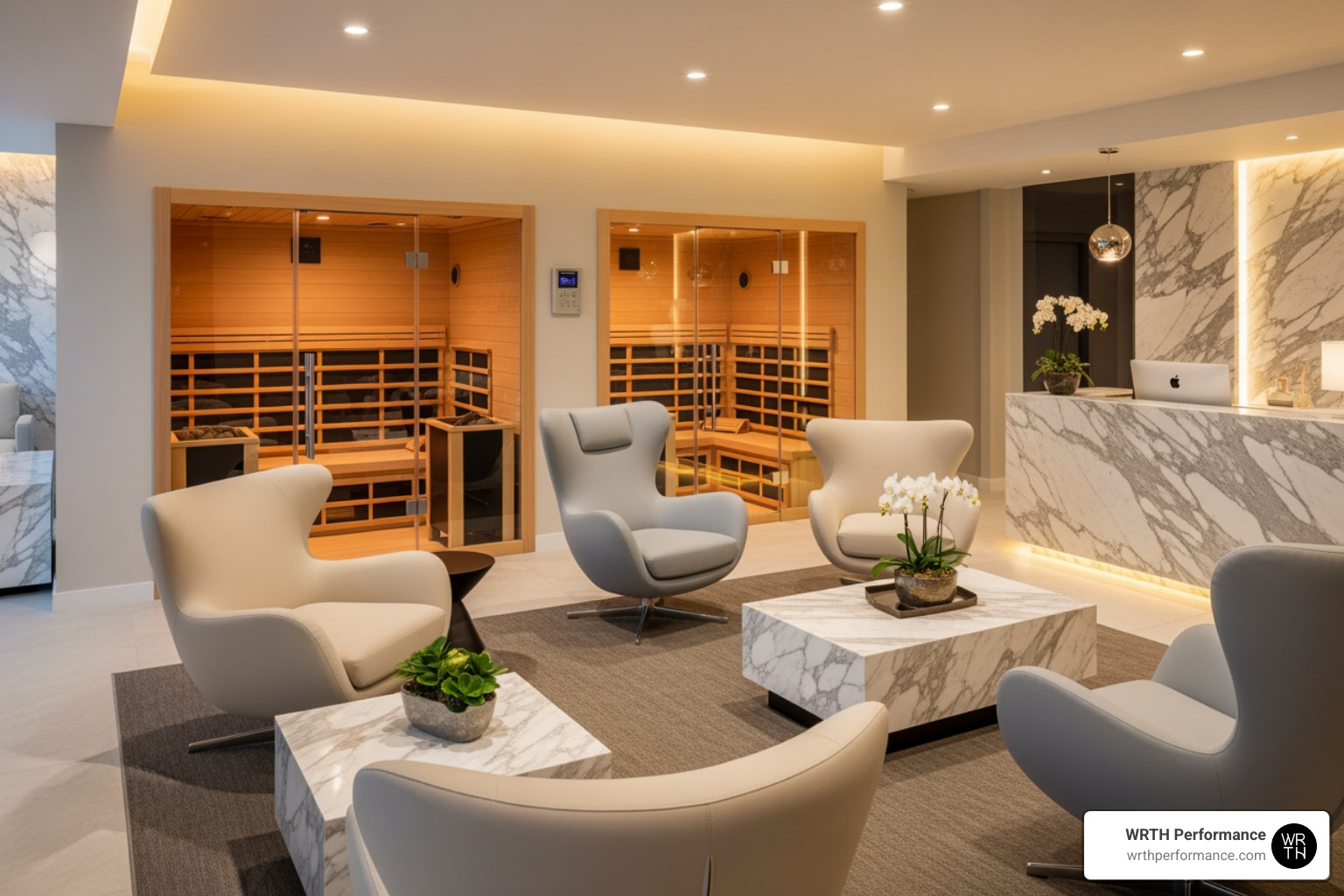 A luxury recovery lounge featuring infrared saunas and ergonomic seating