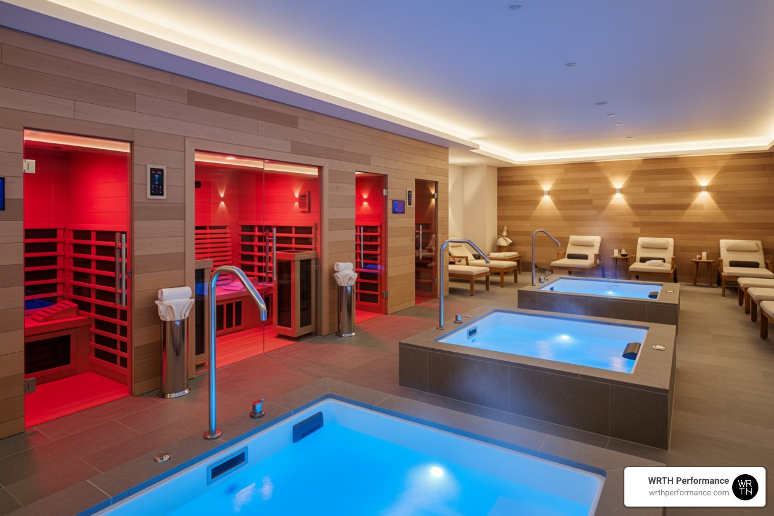 modern recovery lounge featuring infrared saunas and cold plunge tubs modern recovery lounge featuring infrared saunas and cold plunge tubs