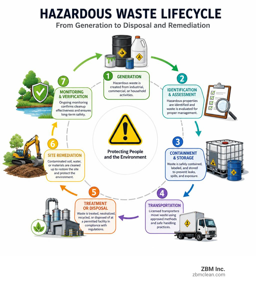 Hazardous waste lifecycle from generation to disposal and remediation infographic
