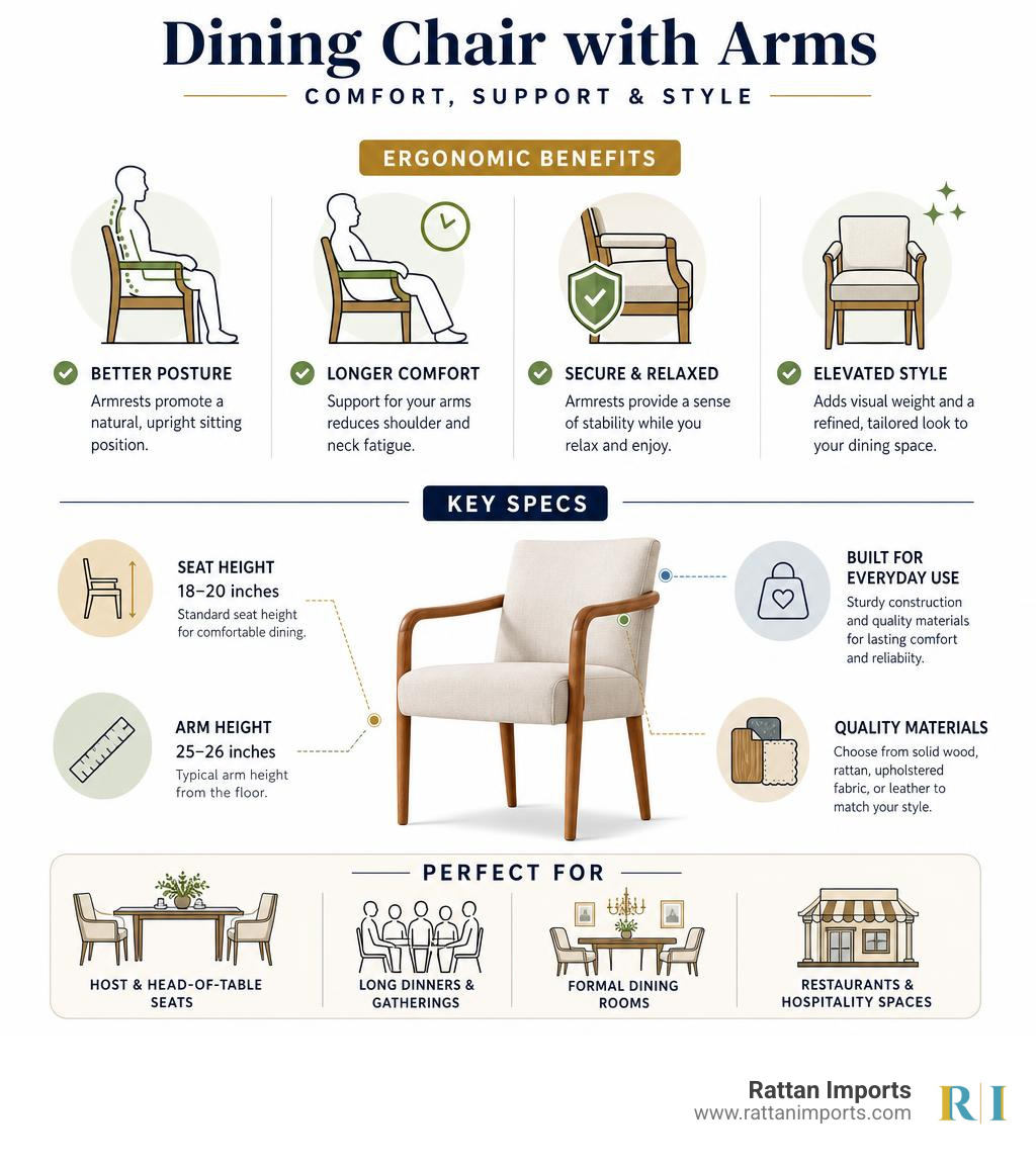 Infographic showing ergonomic benefits and key specs of dining chairs with arms infographic Infographic showing ergonomic benefits and key specs of dining chairs with arms infographic