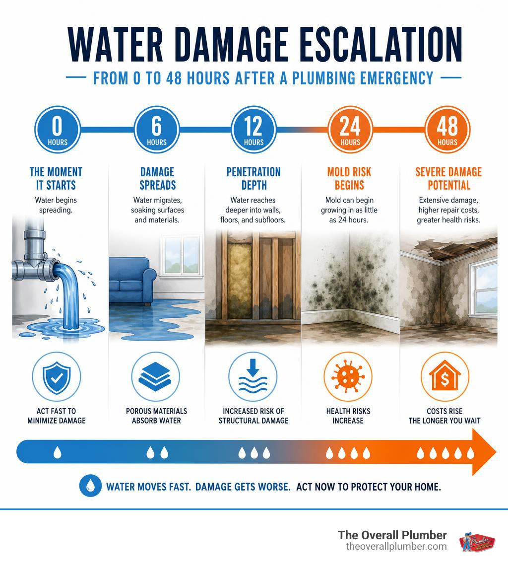 Timeline infographic showing water damage escalation from 0 to 48 hours after a plumbing emergency infographic Timeline infographic showing water damage escalation from 0 to 48 hours after a plumbing emergency infographic