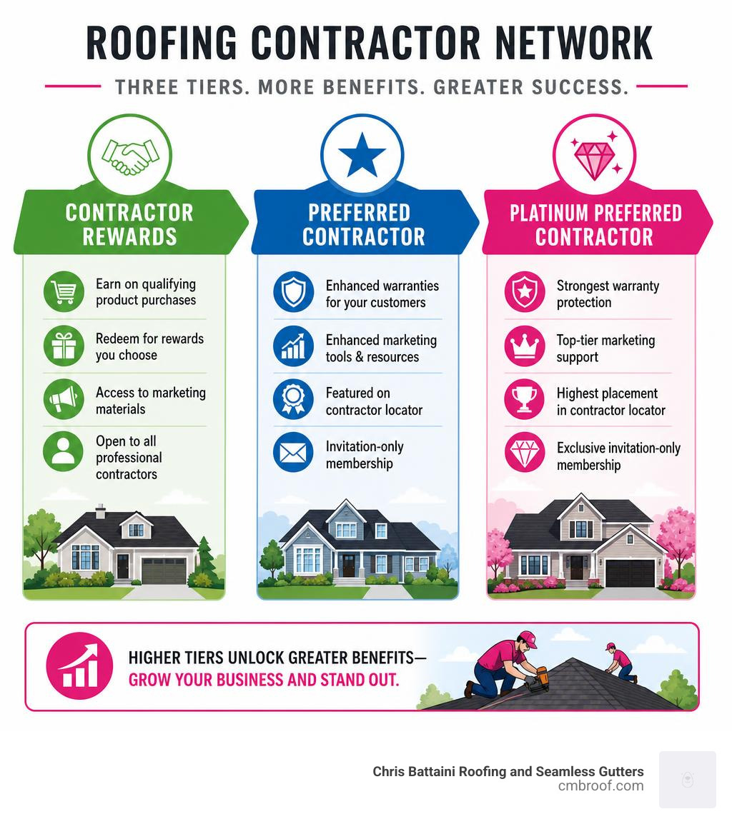 Owens Corning Roofing Contractor Network tiers: Contractor Rewards, Preferred, and Platinum Preferred with key benefits