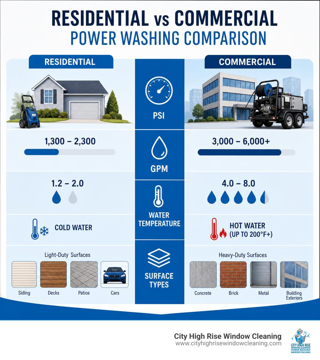 Infographic comparing residential vs commercial power washing by PSI, GPM, water temperature, and surface types infographic Infographic comparing residential vs commercial power washing by PSI, GPM, water temperature, and surface types infographic