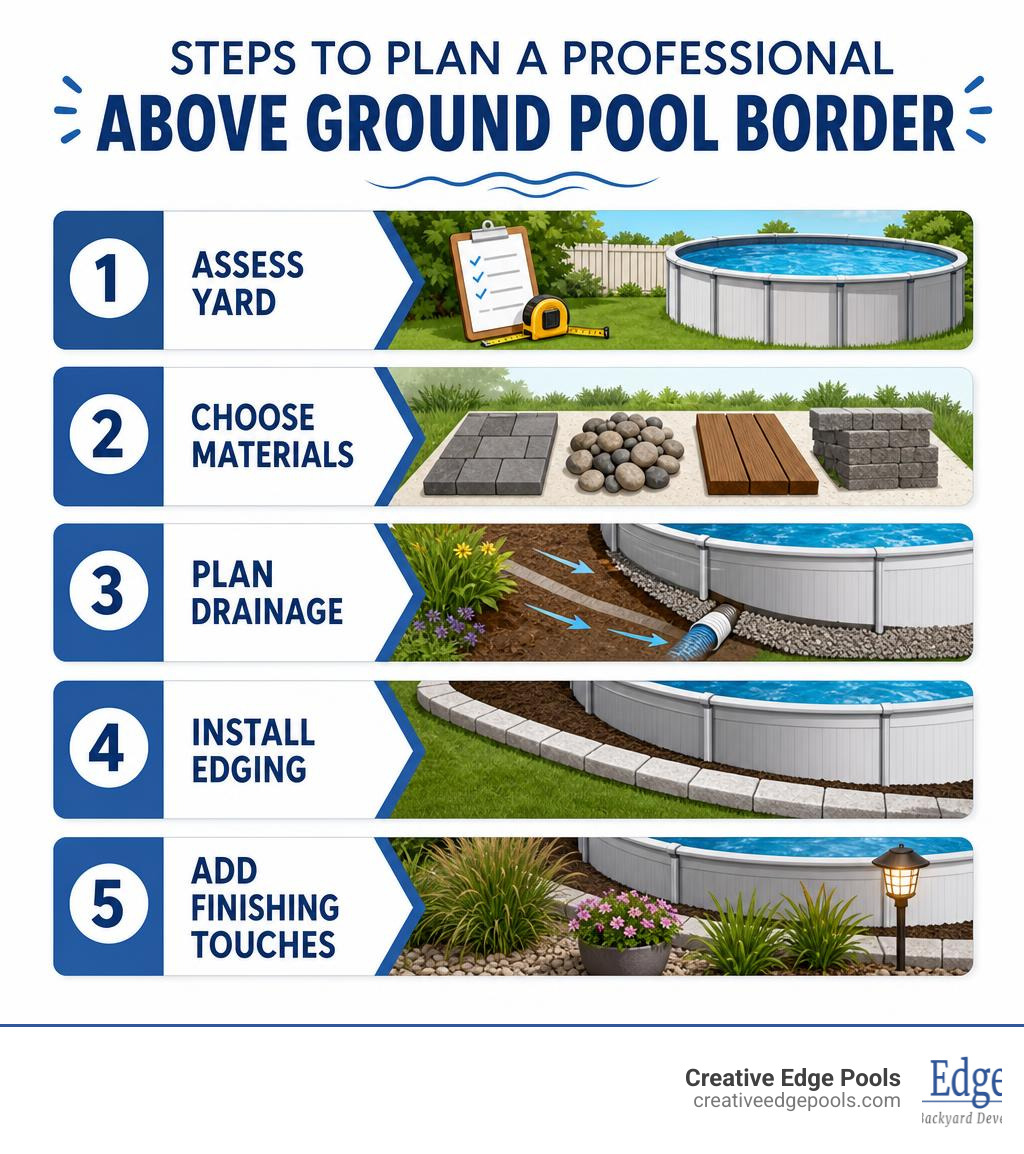 Steps to plan a professional above ground pool border: assess yard, choose materials, plan drainage, install edging, add