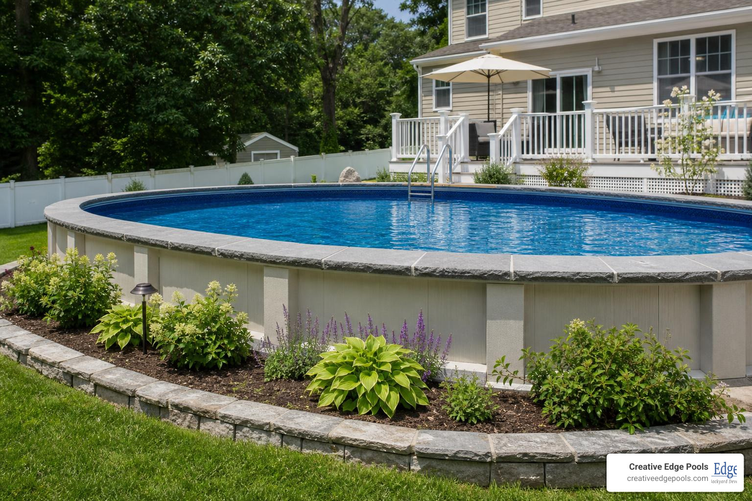 premium stone border around above ground pool in New England
