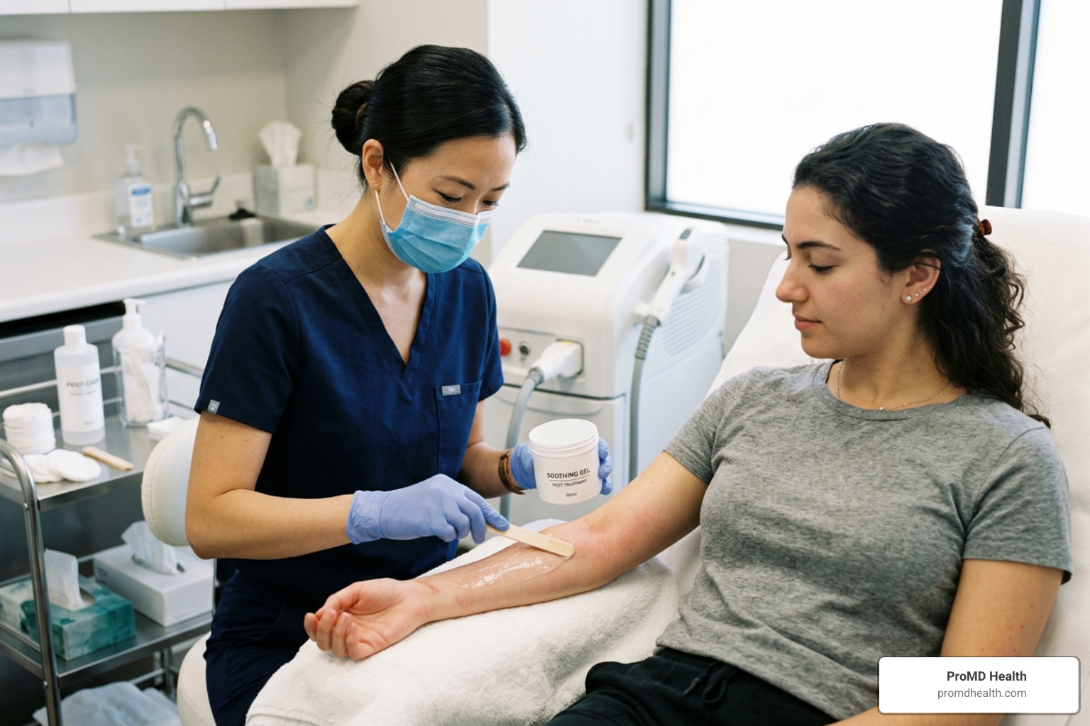 A provider applying a soothing, calming gel to a patient's treated skin post-laser hair removal A provider applying a soothing, calming gel to a patient's treated skin post-laser hair removal
