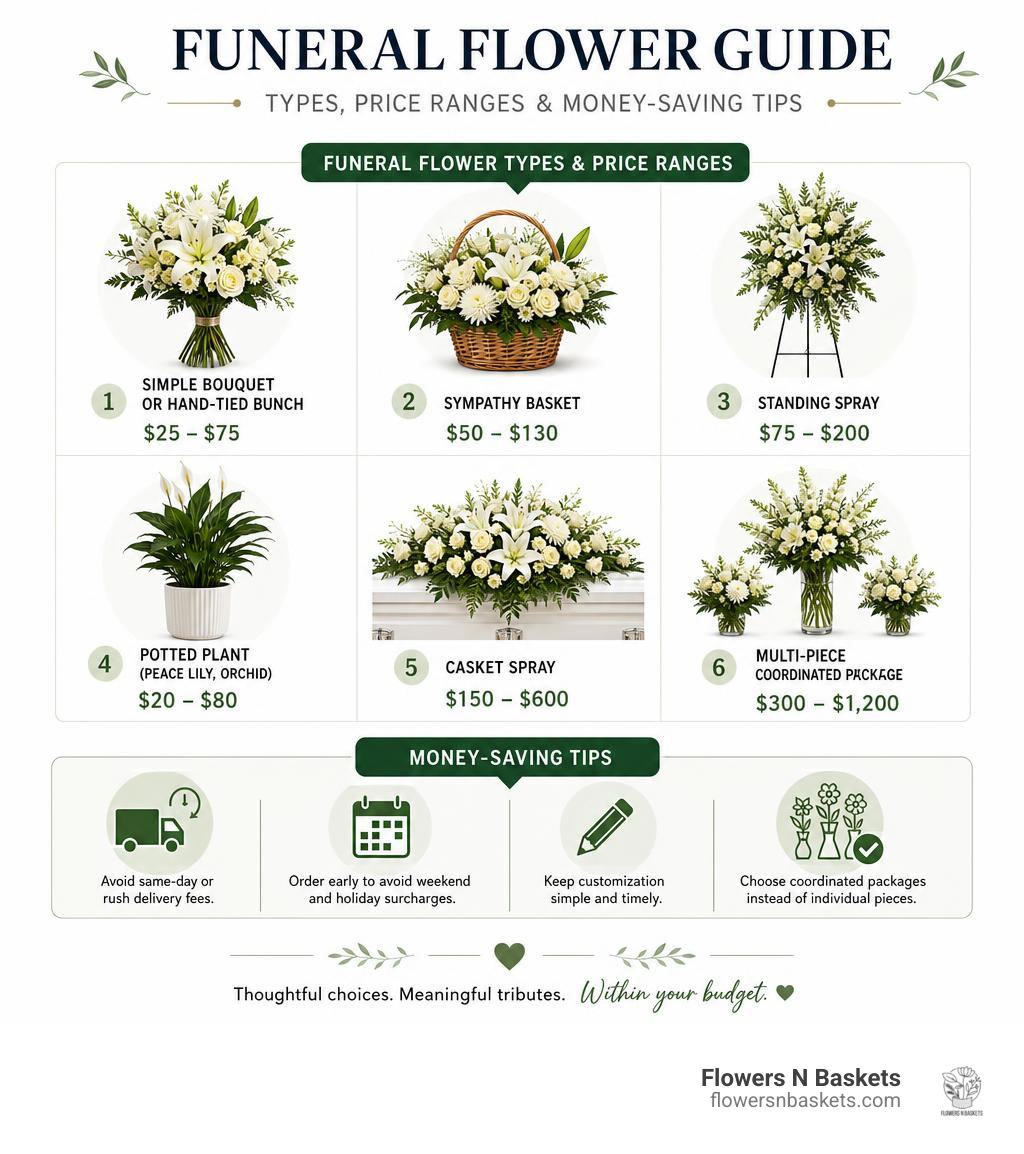Infographic showing funeral flower types, price ranges, and money-saving tips infographic