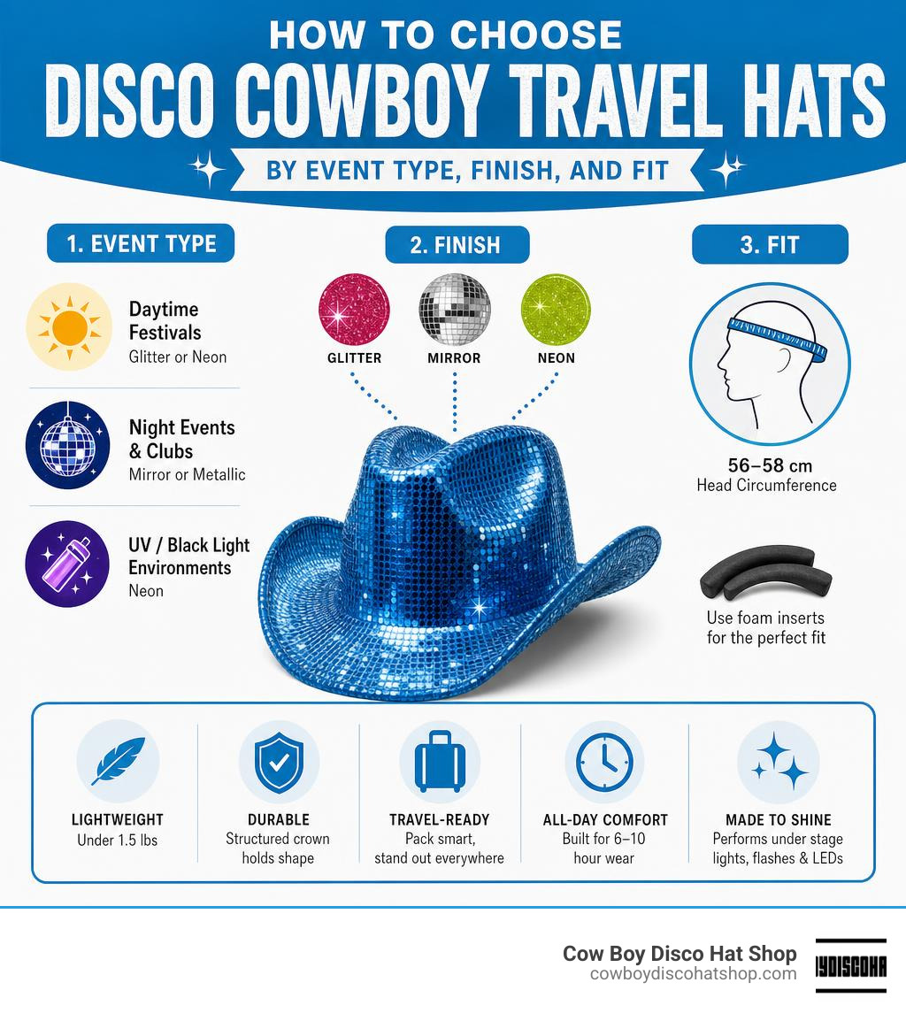 Infographic: how to choose disco cowboy travel hats by event type, finish, and fit infographic Infographic: how to choose disco cowboy travel hats by event type, finish, and fit infographic