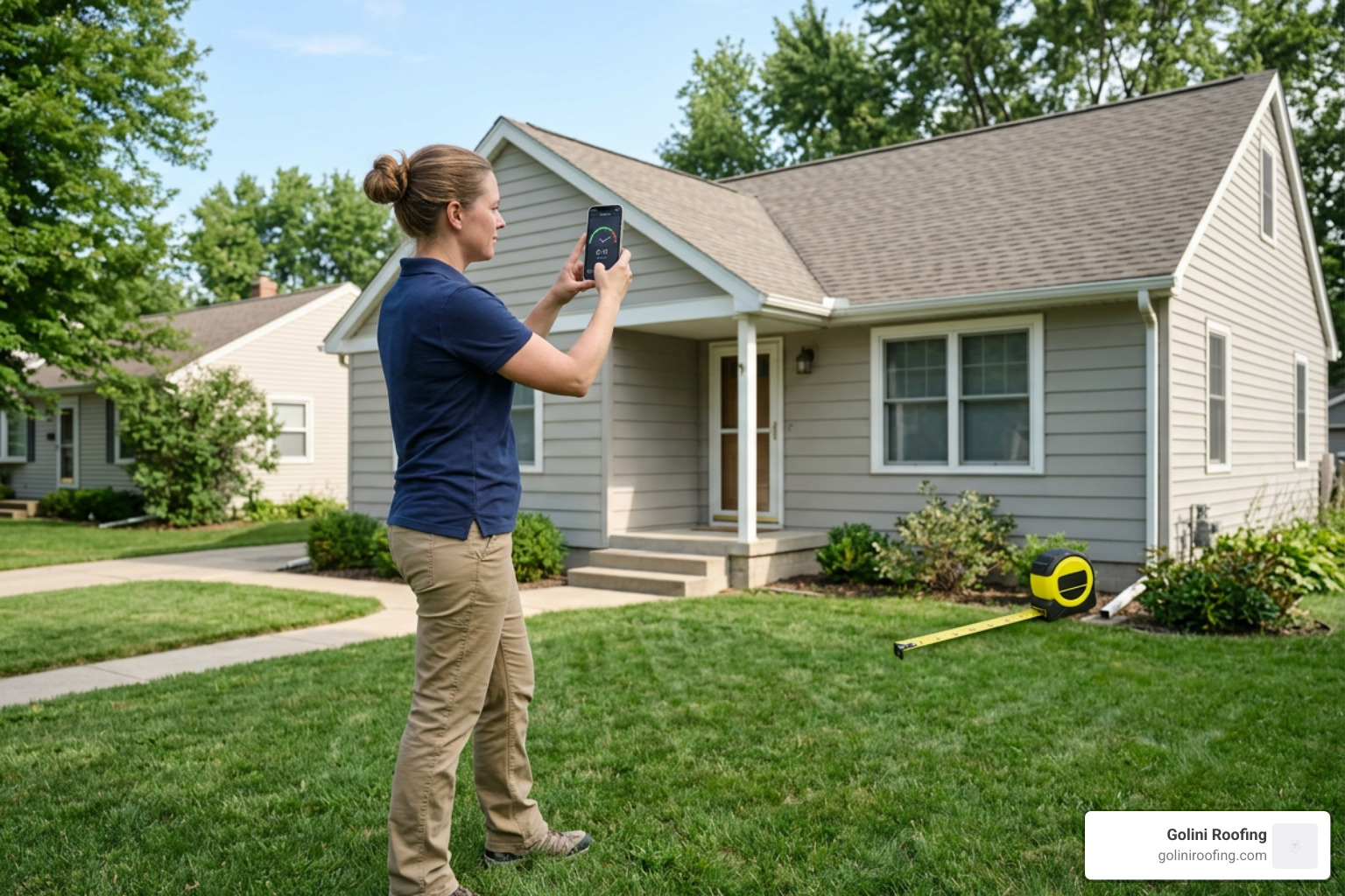 Safe ground-level roof measurement process using a tape measure and a smartphone pitch app Safe ground-level roof measurement process using a tape measure and a smartphone pitch app