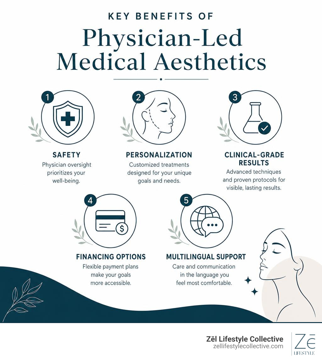Infographic: Key benefits of physician-led medical aesthetics — safety, personalization, clinical-grade results, financing