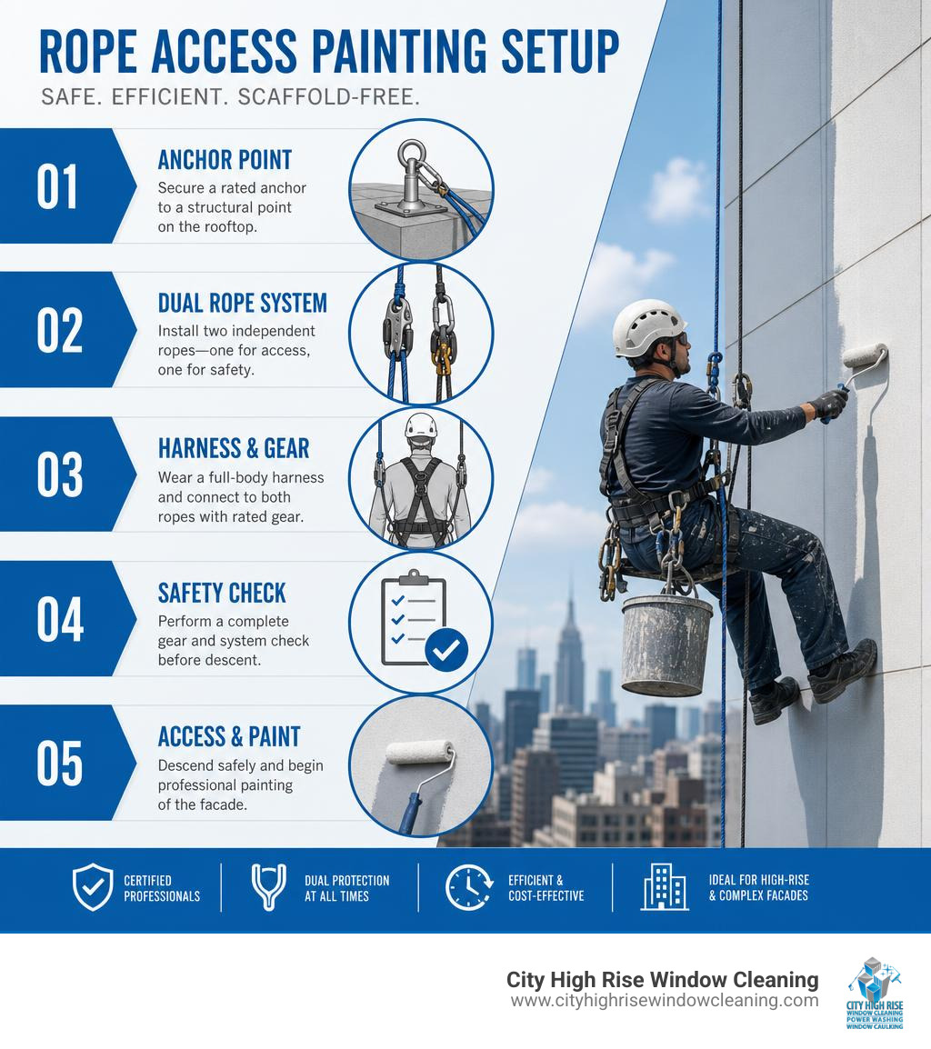 Step-by-step rope access painting setup infographic showing anchor, dual ropes, harness, and facade work infographic Step-by-step rope access painting setup infographic showing anchor, dual ropes, harness, and facade work infographic
