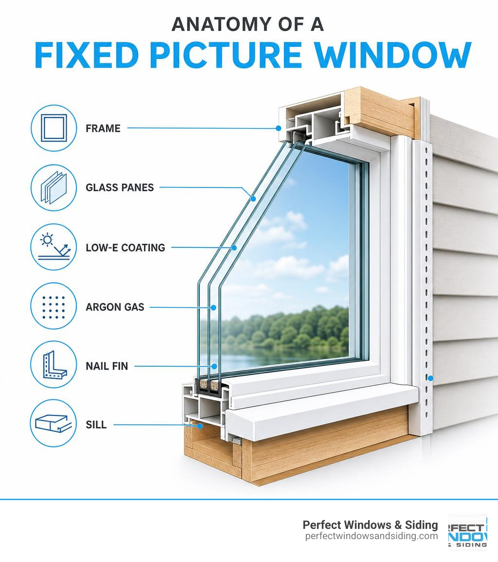 Infographic: anatomy of a fixed picture window — frame, glass panes, Low-E coating, argon gas, nail fin, and sill infographic