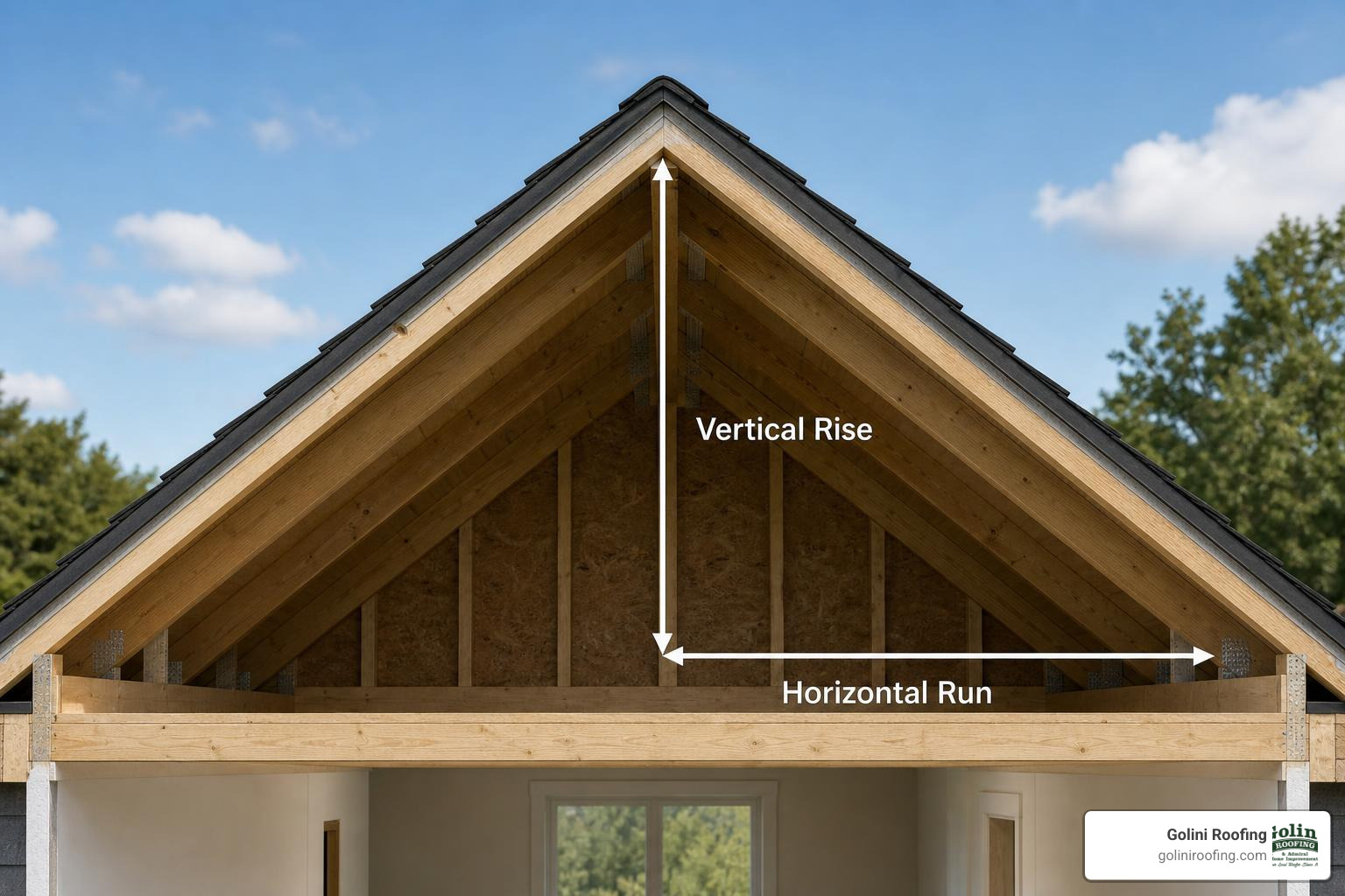Diagram showing roof pitch with vertical rise and horizontal run Diagram showing roof pitch with vertical rise and horizontal run