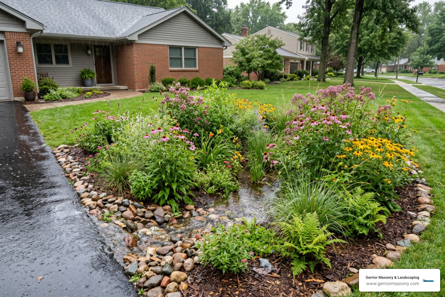 A lush rain garden absorbing stormwater runoff naturally