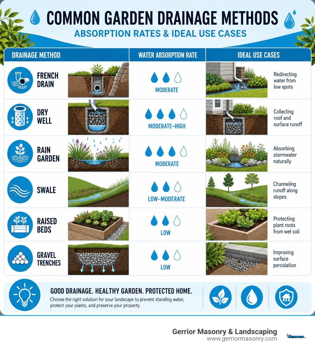 Infographic showing common garden drainage methods, their water absorption rates, and ideal use cases infographic