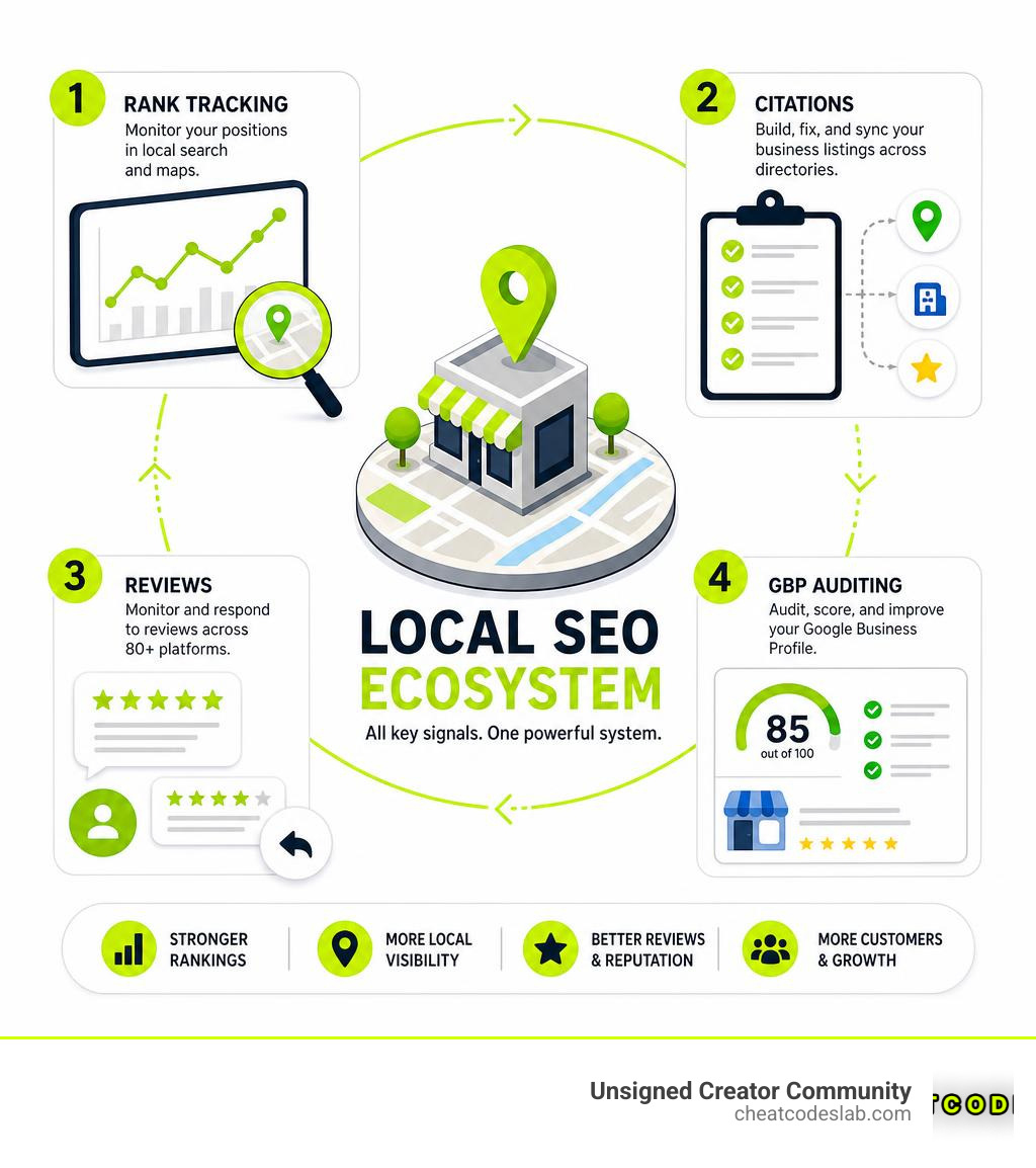 BrightLocal local SEO ecosystem infographic showing rank tracking, citations, reviews, and GBP auditing infographic BrightLocal local SEO ecosystem infographic showing rank tracking, citations, reviews, and GBP auditing infographic